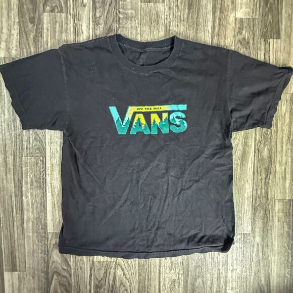 VANS Off The Wall Distressed Logo T-Shirt Black Teal Yellow Graphic Skate Tee - Picture 1 of 5